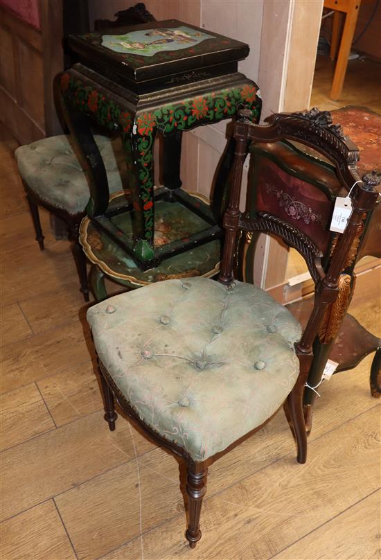 A Chinese lacquered bedside table with cloisonne inlaid top, a floral painted tray topped table and a pair of Victorian boudoir chairs